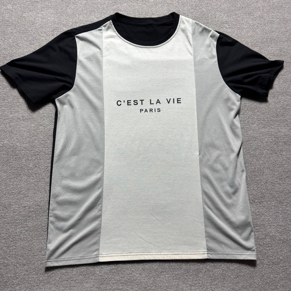 SHEIN Mens Large Black Gray Colorblock C'est La Vie Paris Graphic T Shirt